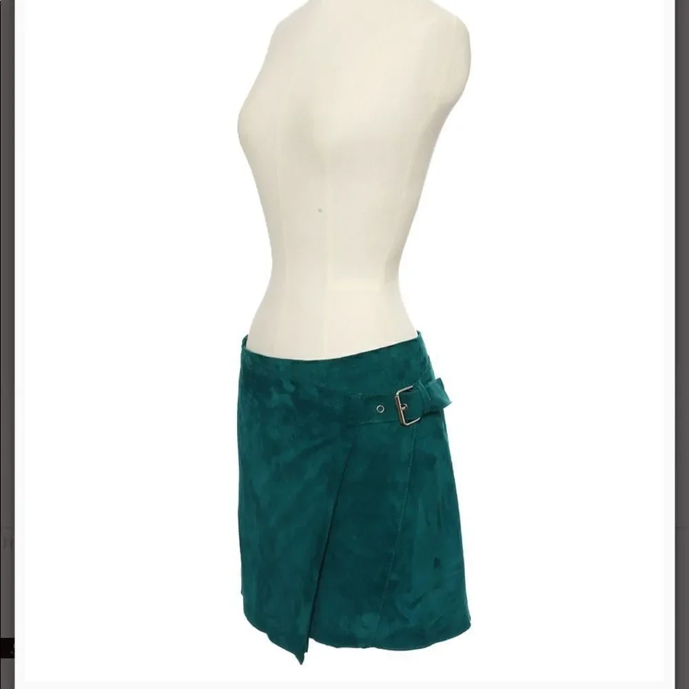 MAJE  Suede Emerald Green Teal Buckle Wrap Mini Skirt NWOT